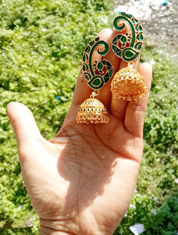 Assamese_Traditional_Copper_Gold_Plated_Green_Colour_Jhumka_Earring_For_Girls_&_Women